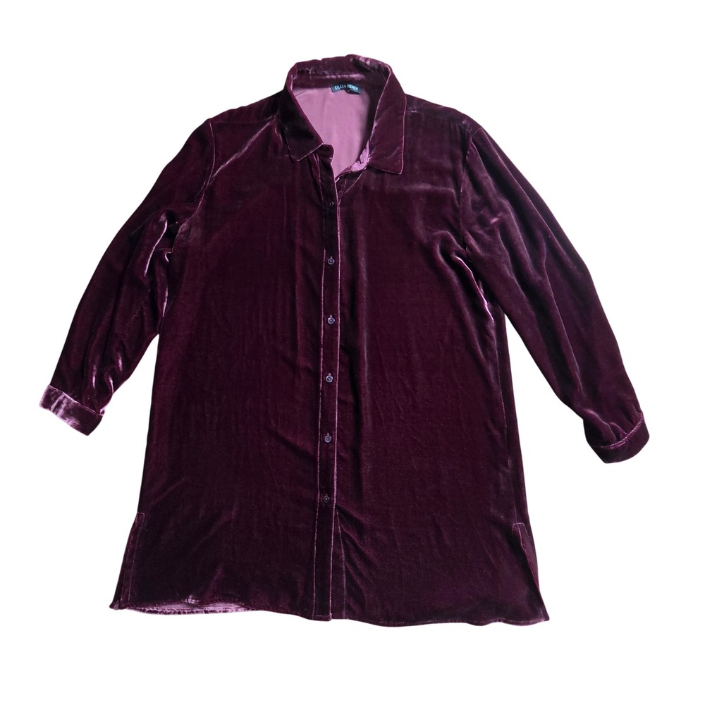 Eileen Fisher Silk Velvet Button Up Tunic Shirt Dark Cranberry L Minimalist Luxe